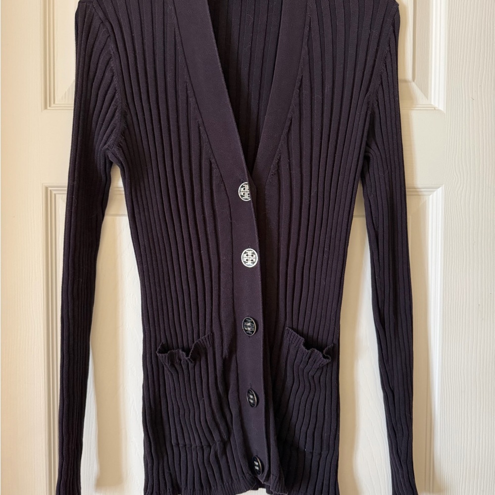 Tory Burch Slim Navy Ribbed Button-Front Cardigan